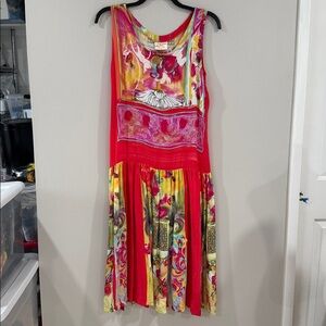 Vibrant Red Floral Sleeveless Midi Dress